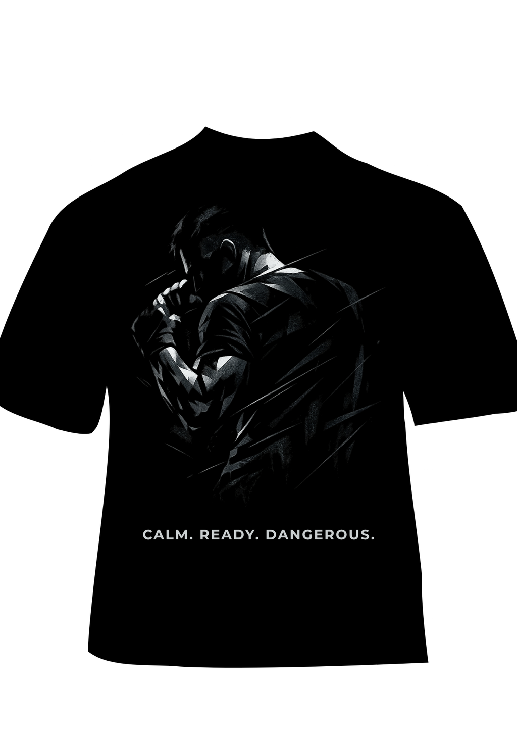 Black Krav Maga inspired t-shirt with a fighting graphic design and text 'CALM. READY. DANGEROUS.' on a white background