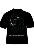 Black Krav Maga inspired t-shirt with a fighting graphic design and text 'CALM. READY. DANGEROUS.' on a white background