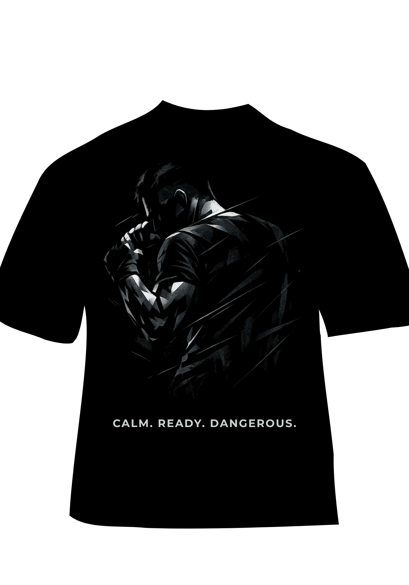 Black Krav Maga inspired t-shirt with a fighting graphic design and text 'CALM. READY. DANGEROUS.' on a white background