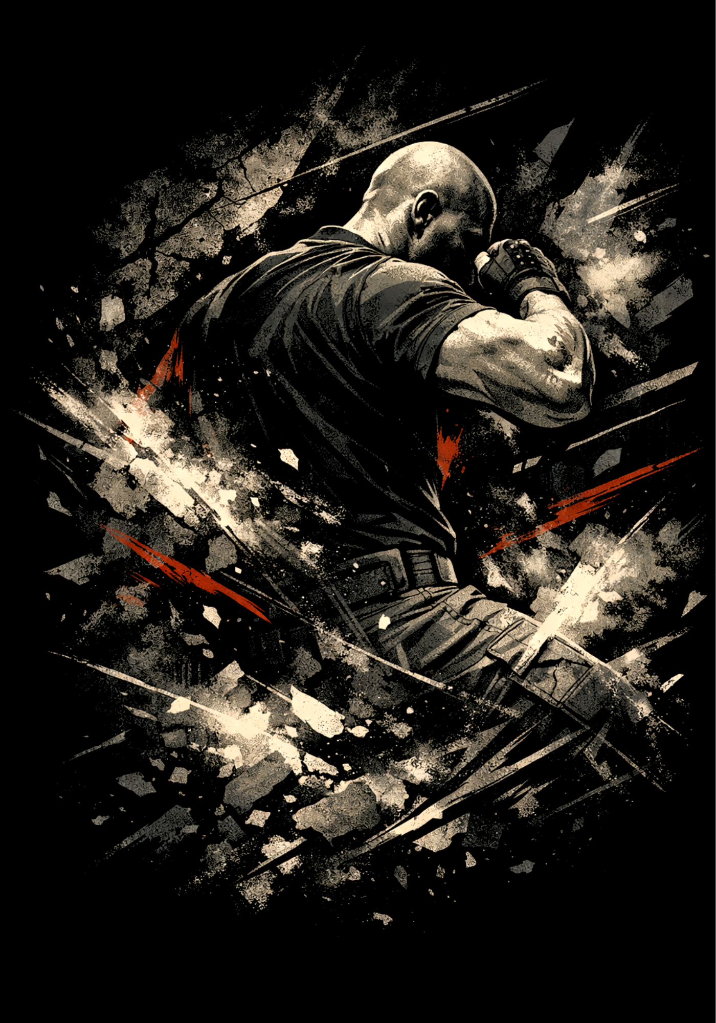 Krav Maga inspired Graphic for a tshirt of a muscular figure in a dynamic pose with a dark background