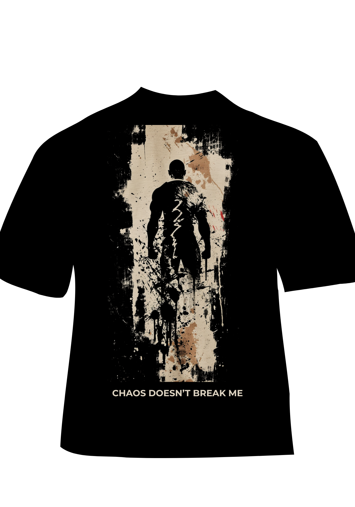 Black t-shirt with Krav Maga graphic design and text 'Chaos Doesn't Break Me' on a white background