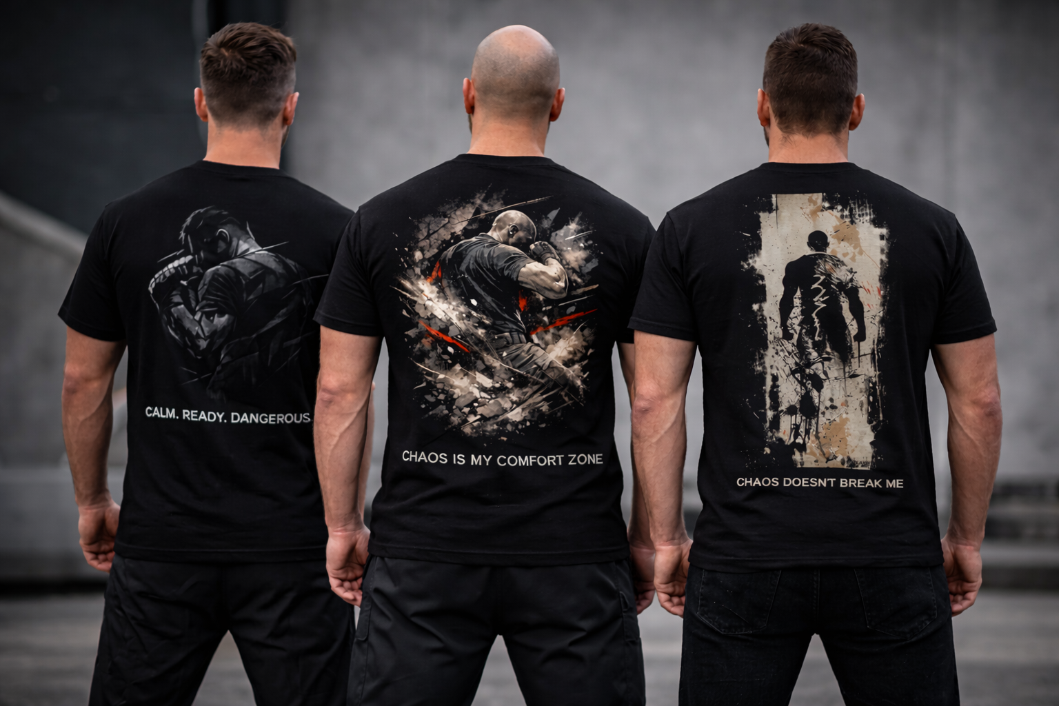 Three men wearing black t-shirts with Krav Maga graphic designs on the back, standing side by side.