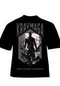 Black Krav Maga t-shirt with 'KRAV MAGA' and 'Keep Moving Forwards' text on a white background