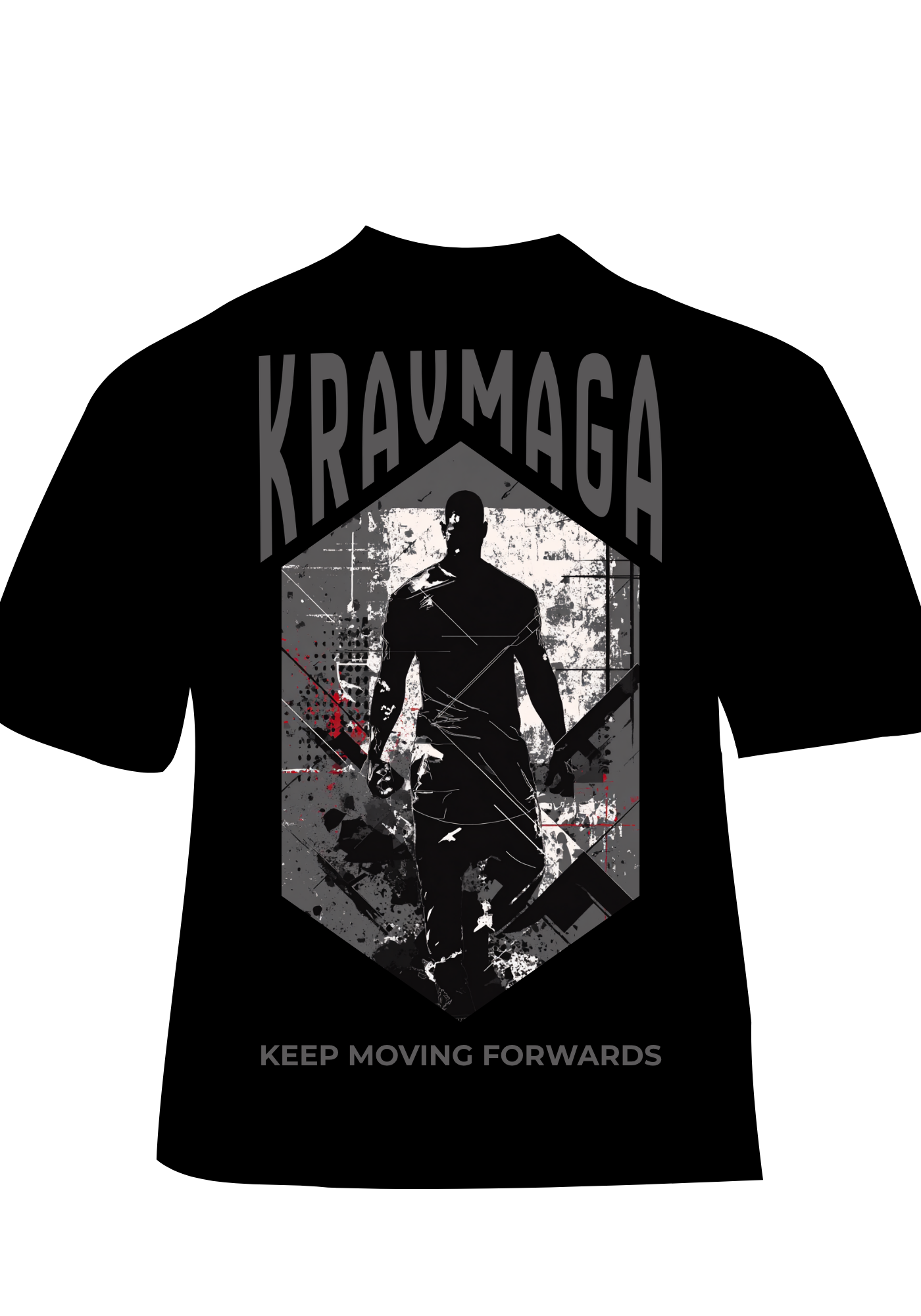 Black Krav Maga t-shirt with 'KRAV MAGA' and 'Keep Moving Forwards' text on a white background