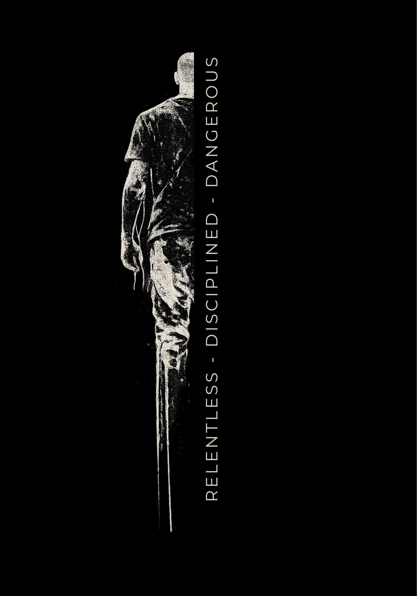 Krav Maga inspired artwork of a Black and white silhouette of a person with text on a black background