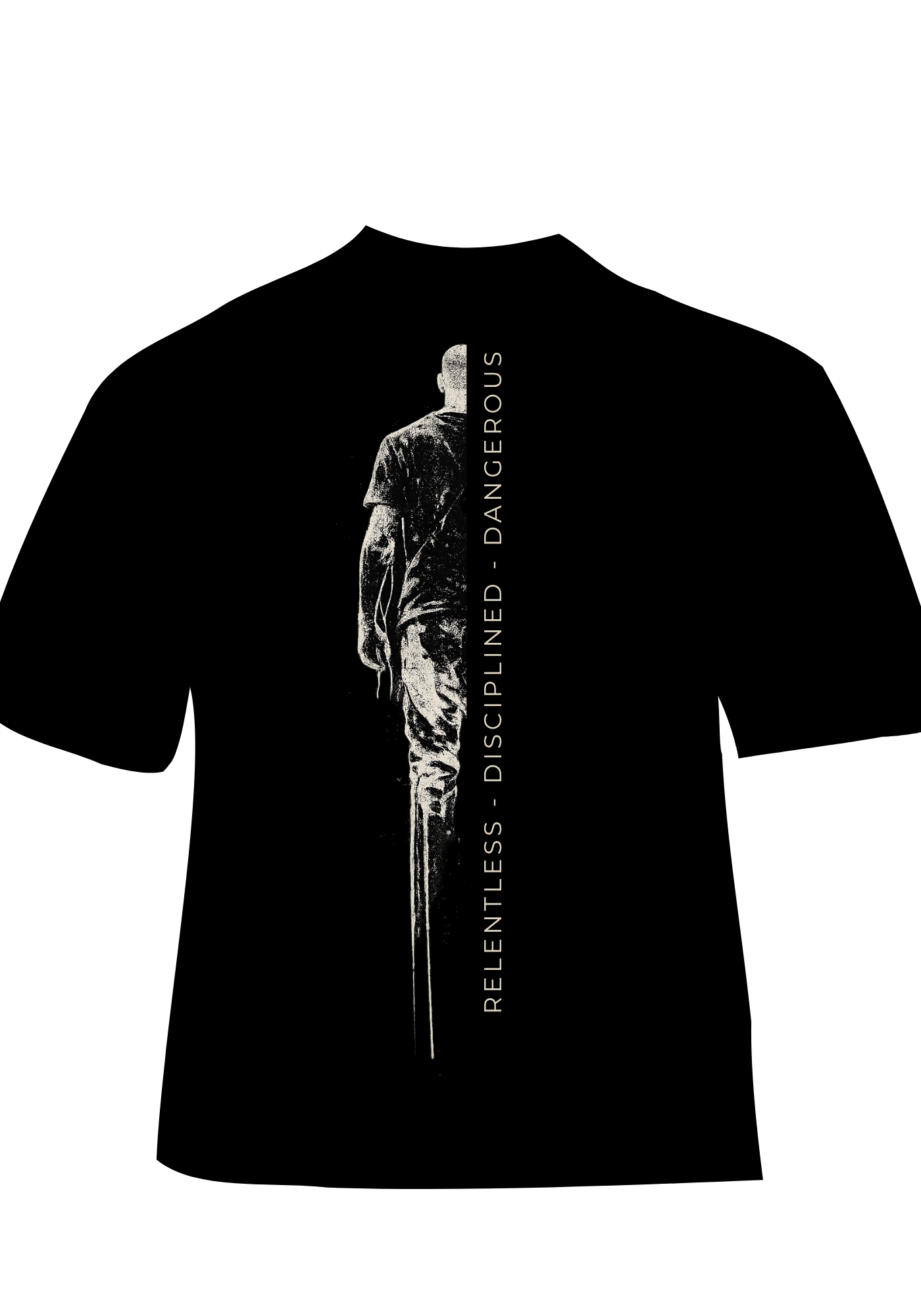 Black t-shirt with a Krav Maga inspired graphic design and text on a white background